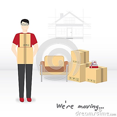 Transportation and home removal. We`re moving. The young man with glasses and a red T-shirt is holding boxes. Boxes, armchair, b Vector Illustration