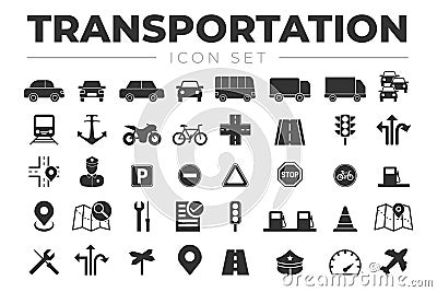 Transportation Icon Set with Vehicles, Traffic Lights, Car, Truck, Road, Motorcycle, Bicycle, Train, Airplane, Signs, Gas Station Vector Illustration