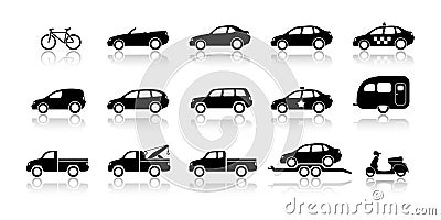 Transportation icons - bikes, cars & pickup trucks Vector Illustration