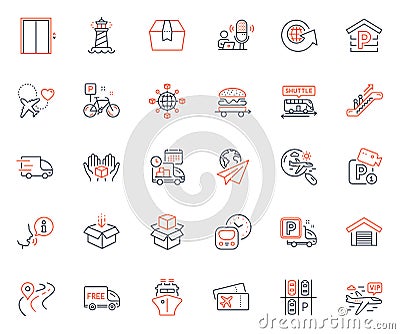 Transportation icons set. Included icon as Paper plane, Parking and Shuttle bus web elements. For website app. Vector Vector Illustration