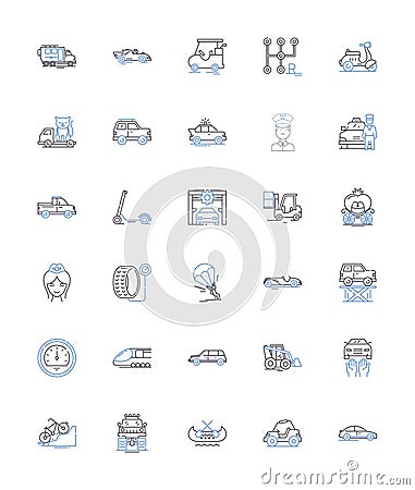 Transportation line icons collection. Automobile, Bus, Train, Bicycle, Motorcycle, Airplane, Helicopter vector and Vector Illustration