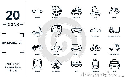 transportation linear icon set. includes thin line hearse, scooter, pickup, subway, cab, car, flatbed lorry icons for report, Vector Illustration