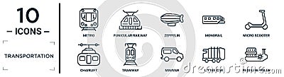 transportation linear icon set. includes thin line metro, zeppelin, micro scooter, tramway, litter car, paddlewheeler, chairlift Vector Illustration