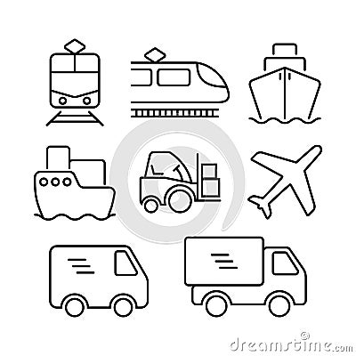 Transportation logistic icon set. Delivery vehicles icons. Vector Illustration