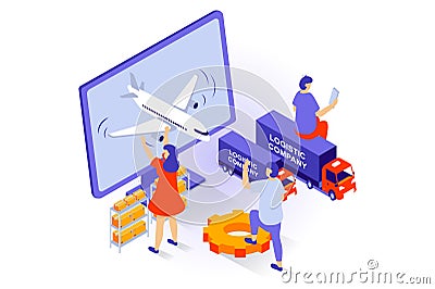 Transportation and logistics concept in 3d isometric design. People work in delivery company with commercial shipping by airplane Vector Illustration