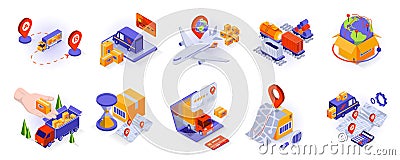 Transportation and logistics concept isometric 3d icons set Vector Illustration