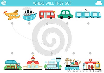 Transportation matching activity with cute plane, bus, ship, train and places they go. City transport puzzle. Match the objects Vector Illustration