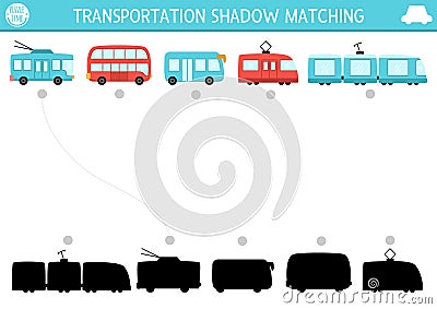 Transportation shadow matching activity. Public transport puzzle with cute bus, trolleybus, tram, train. Find correct silhouette Stock Photo