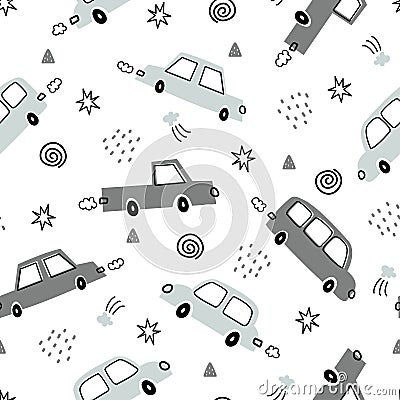 Transportation vehicle background for children. Seamless pattern vector with hand drawn vintage cars in cartoon style. Vector Illustration