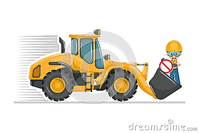 Transporting people on the front loader bucket is prohibited. Safety in handling a front loader. Security First. Accident Vector Illustration
