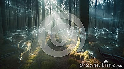 Translucent spirit wolves running through the misty forest. Mystical animals from another dimension glowing with white light Stock Photo