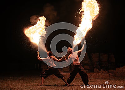 Transylvania medieval festival in Romania, fire-spitting ,flame thrower,Fire Breather Editorial Stock Photo