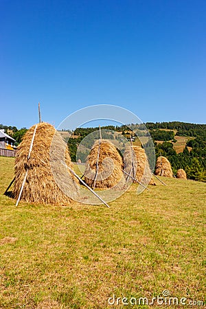 Transylvanian mountains with typical bales on the hillside, Bihar mountains, Carpathian mountains Stock Photo