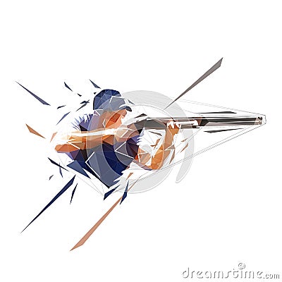 Trap shooting, aiming athlete with gun, low polygonal isolated vector illustration. Geometric drawing from triangles Vector Illustration