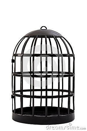 Trapped and captivity conceptual idea with black bird cage isolated on white background and clipping path cutout Stock Photo