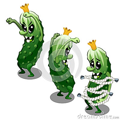 Trapped fancy monster in the form of a scary toothy green cucumber isolated on a white background. Vector illustration. Vector Illustration