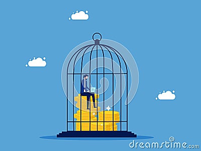 Trapped in money or working until lack of freedom. Businessman working with laptop in cage and stack of money Vector Illustration