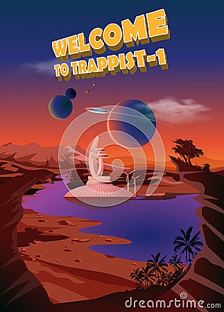 Trappist-1 system. Exoplanets. Space landscape, the colonization of the planets. Vector illustration Vector Illustration