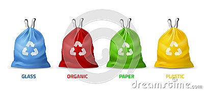 Trash bags colors. Realistic packages with handles for separate garbage collection, different colors and recycling sign Vector Illustration