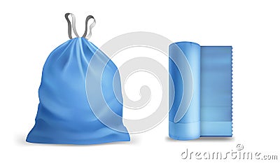 Trash bags. Garbage blue eco pack with ties in different states, empty and full realistic polyethylene element, roll and Vector Illustration