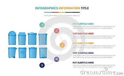 Trash bin collection infographic template concept with five points list and various color with clean modern white background - Cartoon Illustration