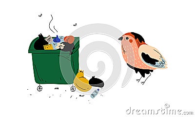Trash Bin Full of Stinky Garbage and Bird in Fuel Oil Vector Set Vector Illustration