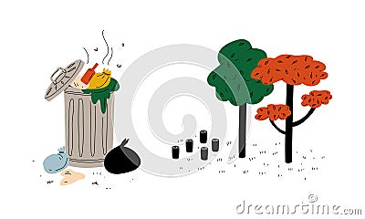 Trash Bin Full of Stinky Garbage and Deforestation or Forest Fell Vector Set Vector Illustration
