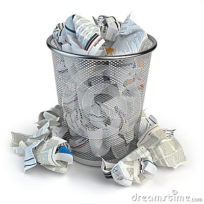 Trash bin full of waste paper. Wastepaper basket isolated on white background. Cartoon Illustration