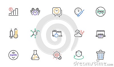 Trash bin, Graph chart and Chemical formula line icons for website, printing. For design. Vector Vector Illustration