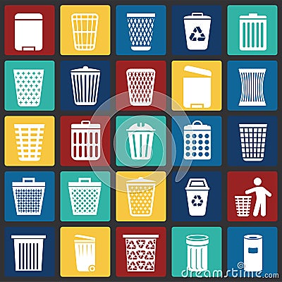 Trash bin icons set on color squres background for graphic and web design. Simple vector sign. Internet concept symbol Vector Illustration