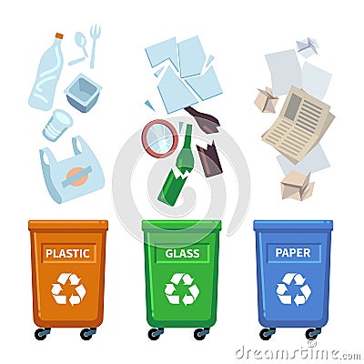 Trash bins. Different types containers for waste sorting. Separation of plastic, glass and paper garbage. Trashcans with recycle Vector Illustration