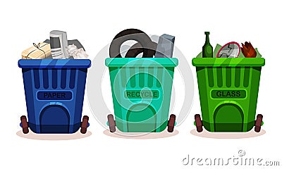 Trash Bins Full of Sorted Garbage Vector Set Vector Illustration