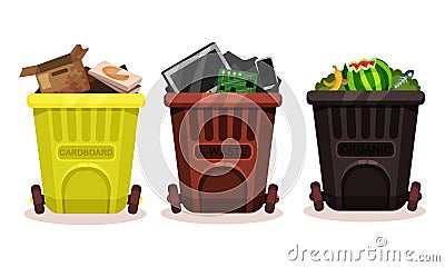 Trash Bins Full of Sorted Garbage Vector Set Vector Illustration