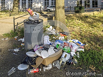 Trash builds up outdoors in Bronx public park due to sanitation budget cuts NY Editorial Stock Photo