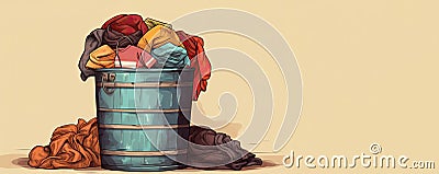 Trash can with pile of clothes. Fashion harms the environment. minmalist cartoon style Stock Photo