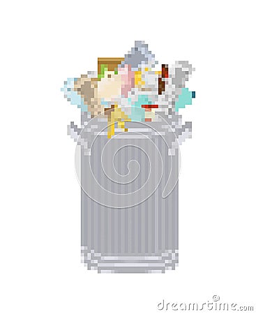 Trash can pixel art. 8 bit Wheelie bin with Garbage on white background. Dumpster iron. peel from banana and stub. Tin and old Vector Illustration