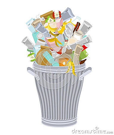 Trash can with Rubbish isolated. Wheelie bin with Garbage on white background. Dumpster iron. peel from banana and stub. Tin and Vector Illustration