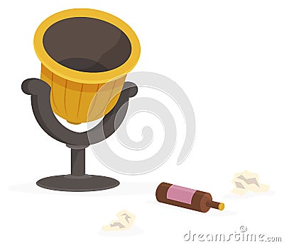 Trash can with rubbish scattered on the street. Wheelie bin with garbage on white background Vector Illustration