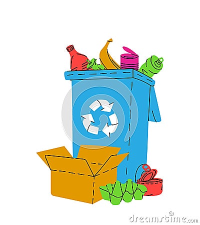 Trash can with unsorted garbage. Plastic, metal, paper, organic waste illustration. Garbage plastic can with different Cartoon Illustration