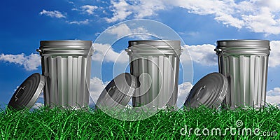 Trash cans on a blue sky and grass background. 3d illustration Cartoon Illustration