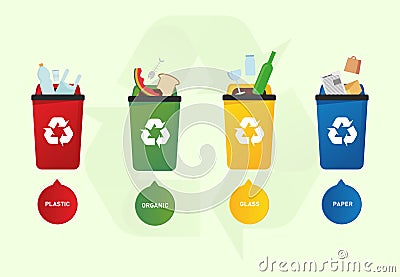 4 trash cans with sorted garbage. Ecology and recycle concept. Graphic template for infographic flyer poster. Vector Vector Illustration