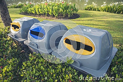 Trash cans for sorting garbage recycle bin waste plastic container collection. Reuse, reduce, recycle sorting process sustainable Stock Photo