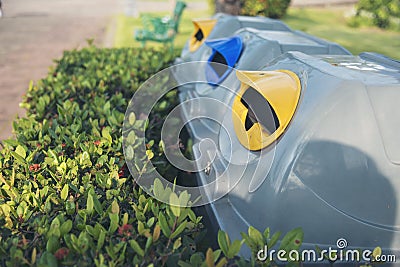 Trash cans for sorting garbage recycle bin waste plastic container collection. Reuse, reduce, recycle sorting process sustainable Stock Photo