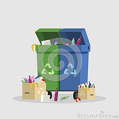 Trash containers flat color illustration. Waste management, garbage reducing and sorting, litter cans with recycling Vector Illustration