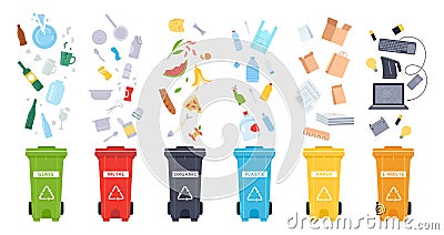 Trash containers. Organic, e-waste, plastic, paper, glass and metal trash containers. Recycling garbage to save the Vector Illustration