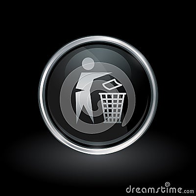 Trash disposal bin icon inside round silver and black emblem Vector Illustration