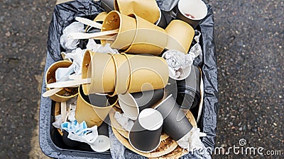 Trash Garbage Full Container In Street. Do not litter on the street in the city. Ecological problem concept Stock Photo