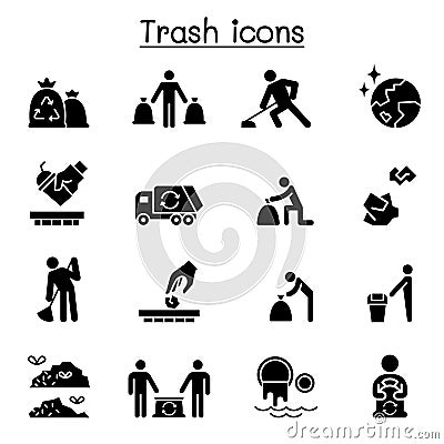Trash, garbage, rubbish, dump, refuse icon set Vector Illustration