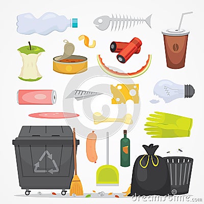 Trash and garbage set illustrations in cartoon style. Biodegradable, plastic and dumpster icons. Vector Illustration