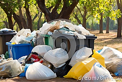 Trash and garbage stacked outside on side walk near empty garbage can Stock Photo